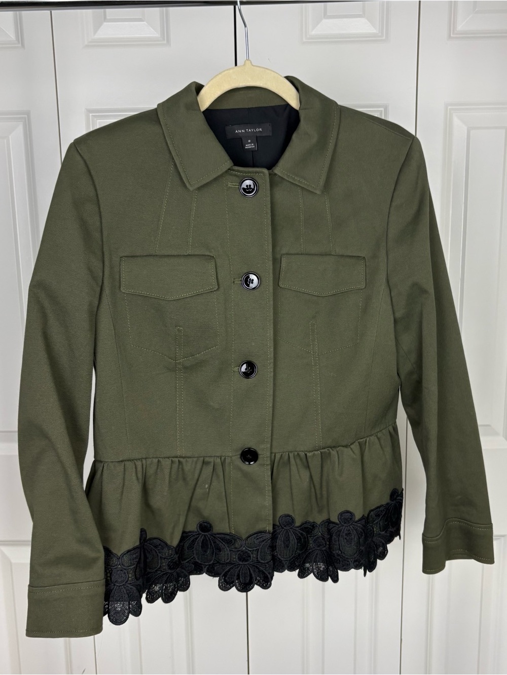 ANN TAYLOR Olive Green Peplum Jacket with Black Lace Trim